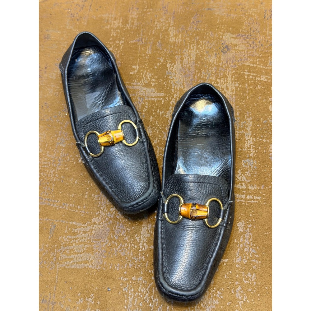 Gucci Horsebit Bamboo Loafers Black Pebbled Leather Driving Shoes 155162 37.5 G - Picture 3 of 8